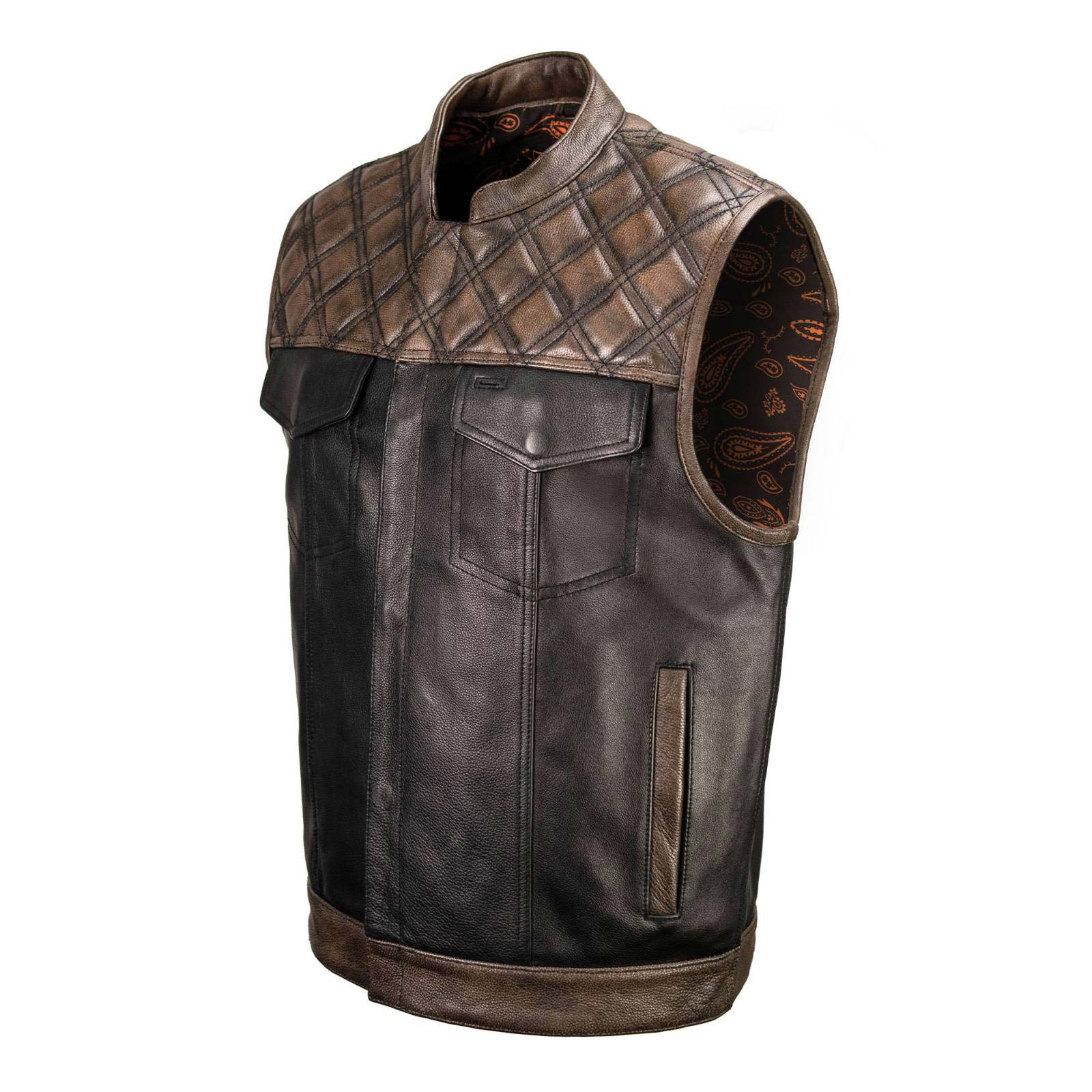 Milwaukee Leather MLM3529 Men's Black & Brown Paisley Lined Leather Vest w/ Accent Stitching & Armhole Trim