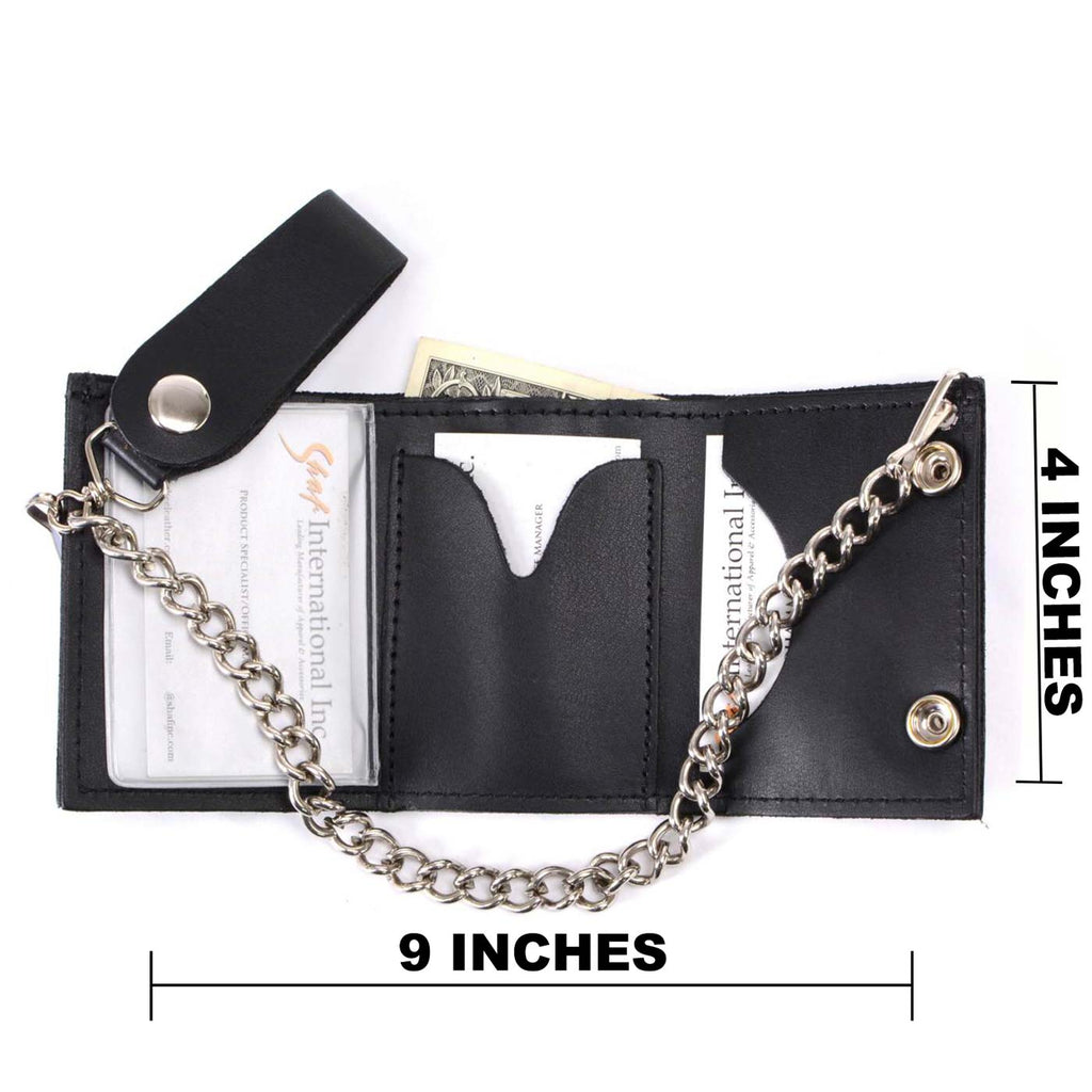 Milwaukee Leather MLW7831 Men's 4" Classic Black Plain Genuine Leather Tri-Fold Biker Wallet w/ Anti-Theft Stainless Steel Chain