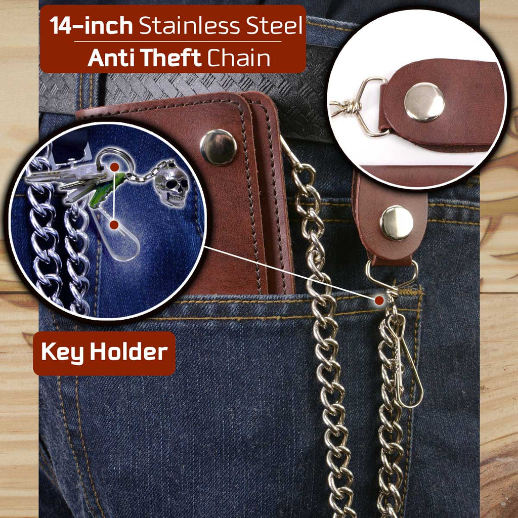 Milwaukee Leather MLW7884 Men's 6 Inch Antique Brown Leather Bi-Fold Biker Wallet w/ Anti-Theft Stainless Steel Chain