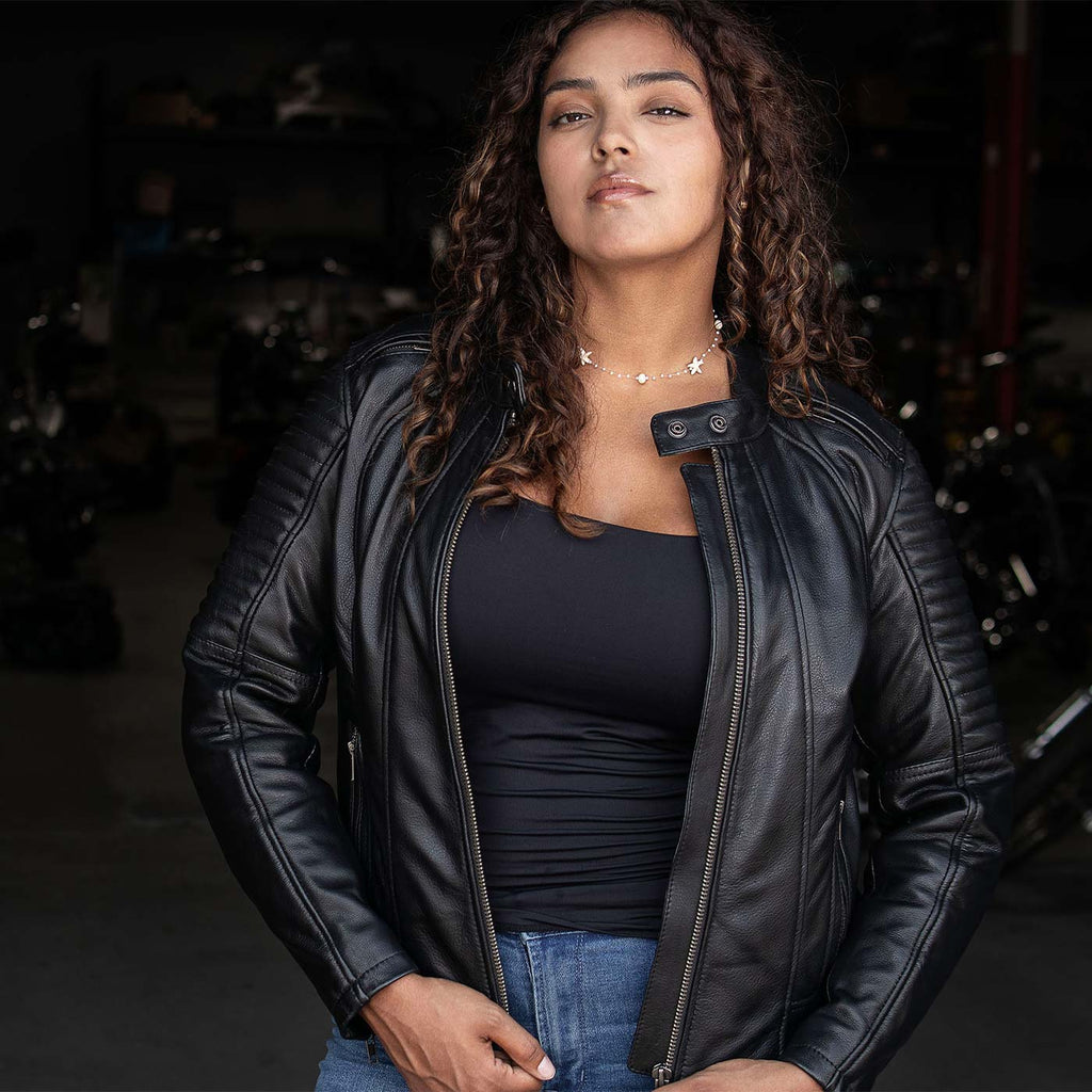 Milwaukee Motorcycle Clothing Co. Women's Foxy Scooter Style Black Premium Leather Jacket w/ Mandarin Collar MMC20000