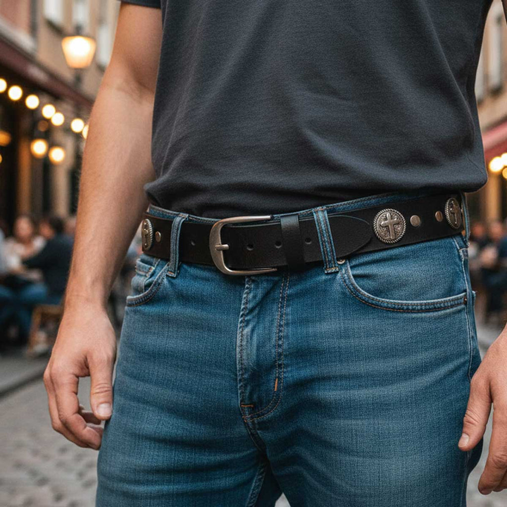 Milwaukee Leather MP7108 Men's Cross Circle Black Leather Belt w/ Interchangeable Buckle - 1.5 inches Wide