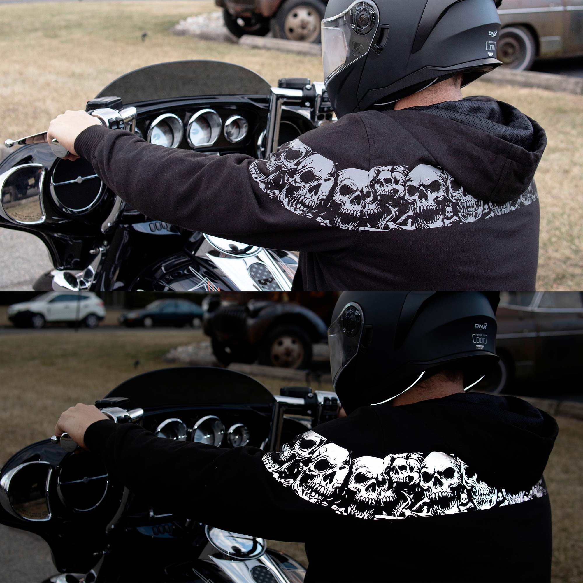MMCC Men’s Bare Bones Hoodie - Reflective Skull Graphics Front & Back, Full Zip, 100 % Cotton - MPM1681