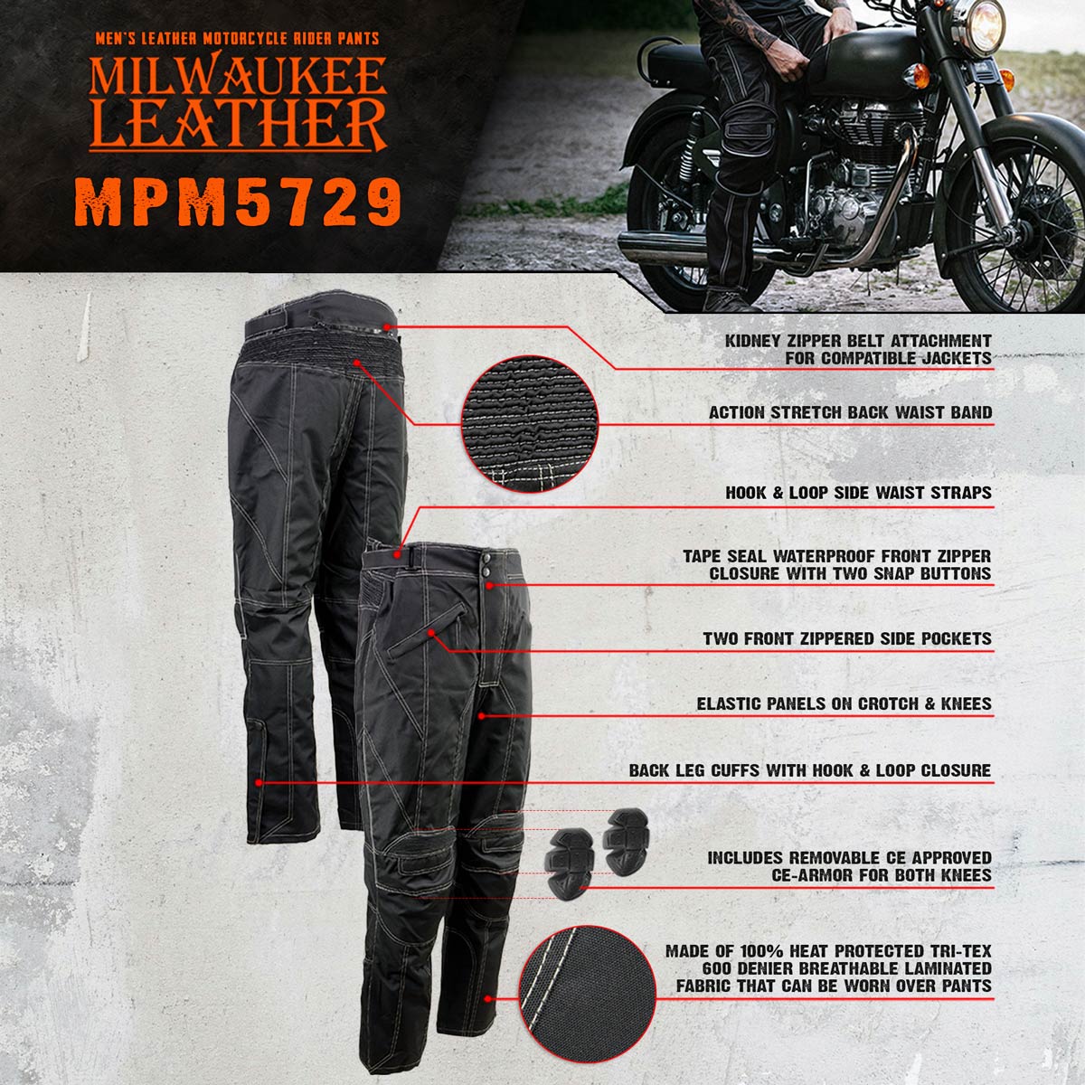 Milwaukee Leather MPM5729 Men's Black Tri-Tex Fabric Motorcycle