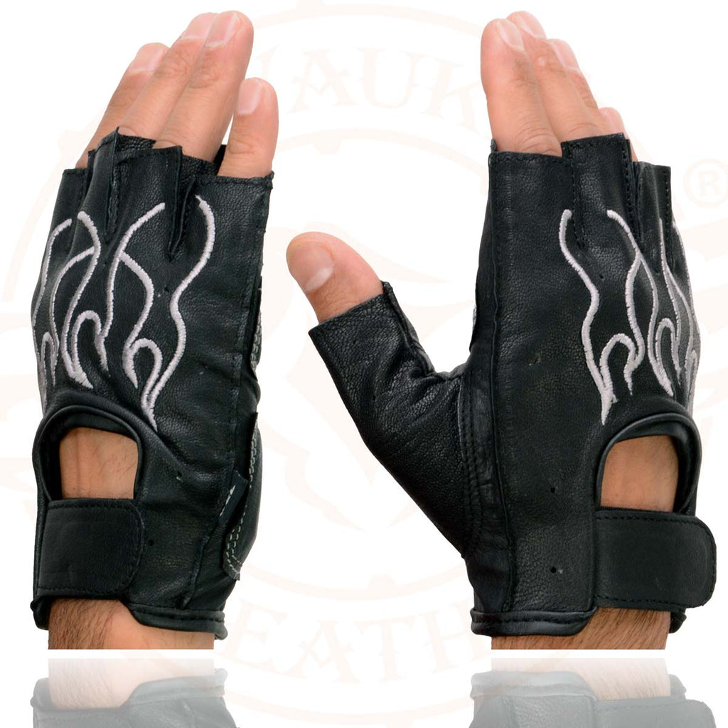 Milwaukee Leather SH198 Men's Black Leather Gel Padded Palm Fingerless Motorcycle Gloves w/ Grey Flame Embroidery