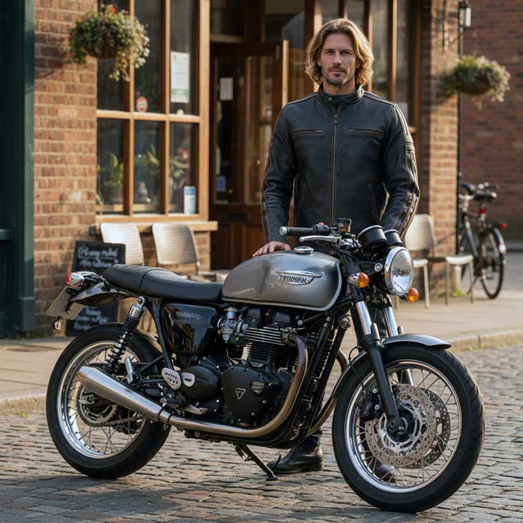 Milwaukee Leather Men’s Copperline Black Leather Moto Café Racer Jacket, Stand Collar, 6 Pockets - SFM1816