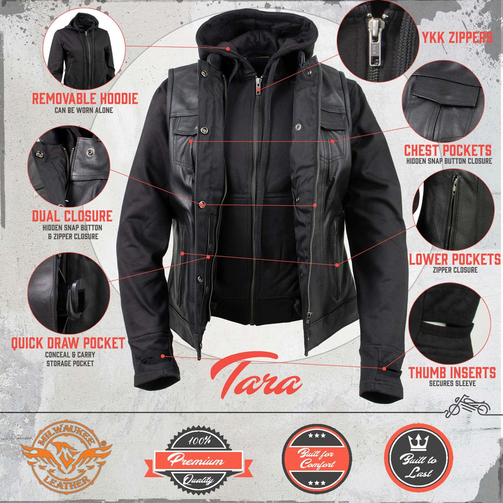 Milwaukee Leather Women's Tara Black Leather Motorcycle Rider 2-in-1 Convertible Hoodie Jacket Vest - LKL4712