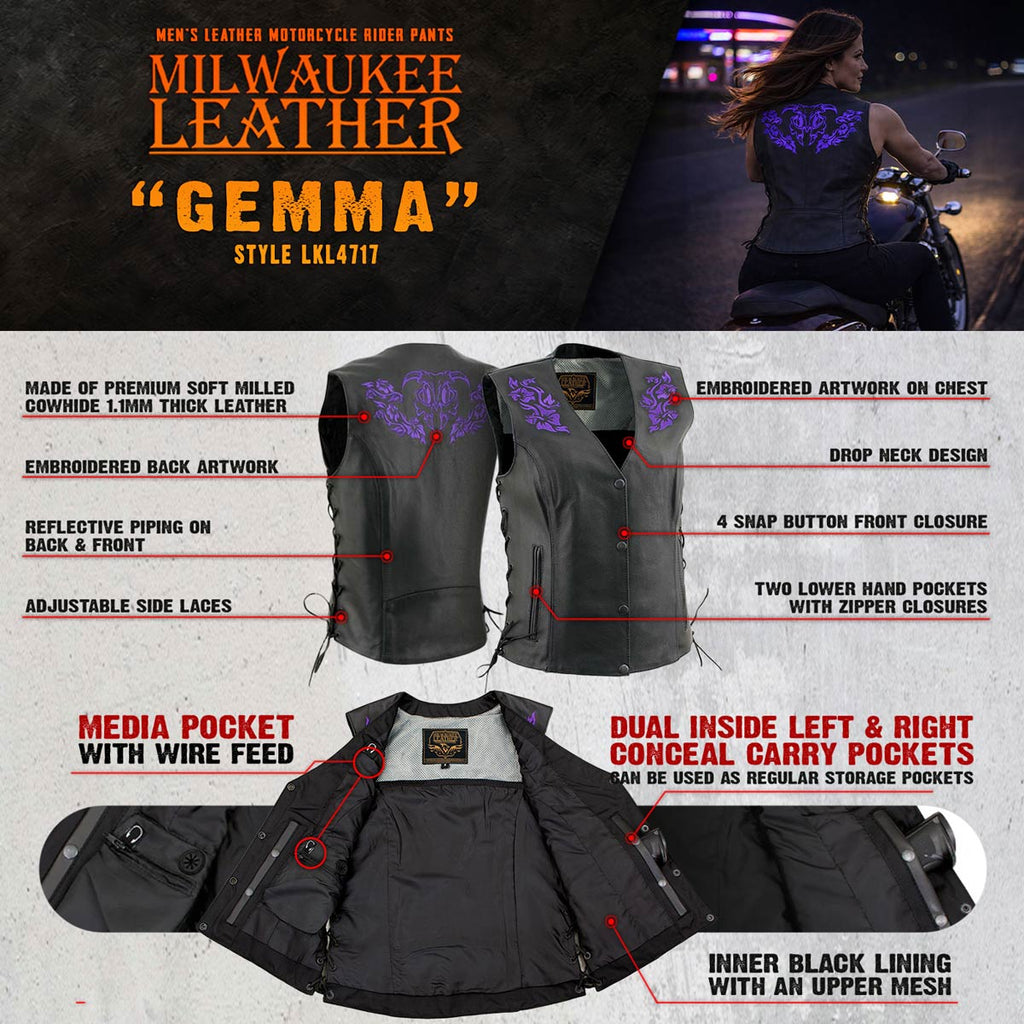 Milwaukee Leather Women's Gemma Black Leather Motorcycle Vest with Side Laces