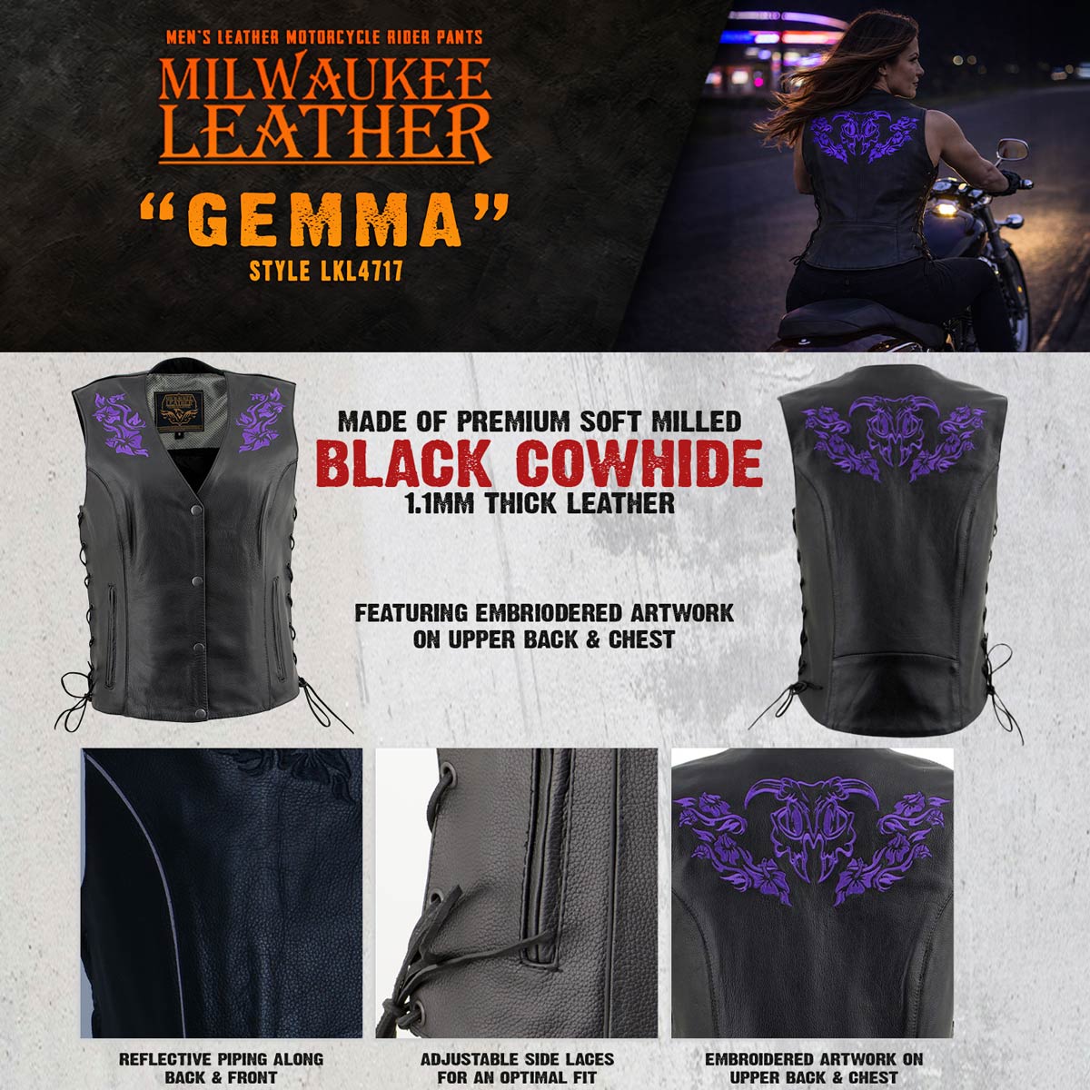 Milwaukee Leather Women's Gemma Black Leather Motorcycle Vest with Side Laces