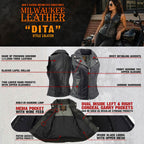 Milwaukee Leather Women's Dita Black Motorcycle Leather Vest w/ Riveted Lapel Collar - LKL4720