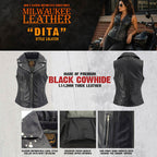 Milwaukee Leather Women's Dita Black Motorcycle Leather Vest w/ Riveted Lapel Collar - LKL4720
