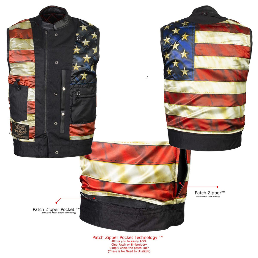 Milwaukee Leather LKM3782 Men's Classic Black Premium Leather Motorcycle Vest with USA Flag Liner
