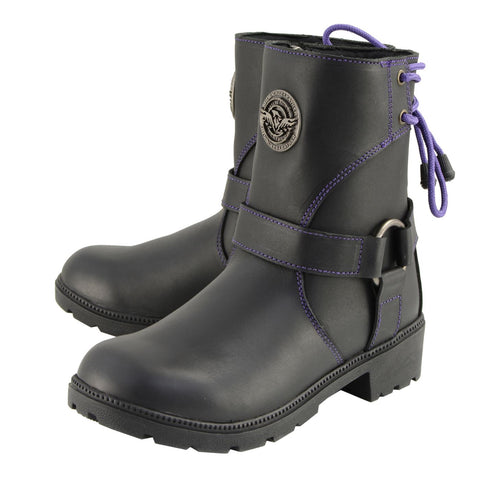 Milwaukee Leather MBL9317 Women's Black Leather Harness Zip-Up Motorcycle Rider Boots w/ Purple Back Laces