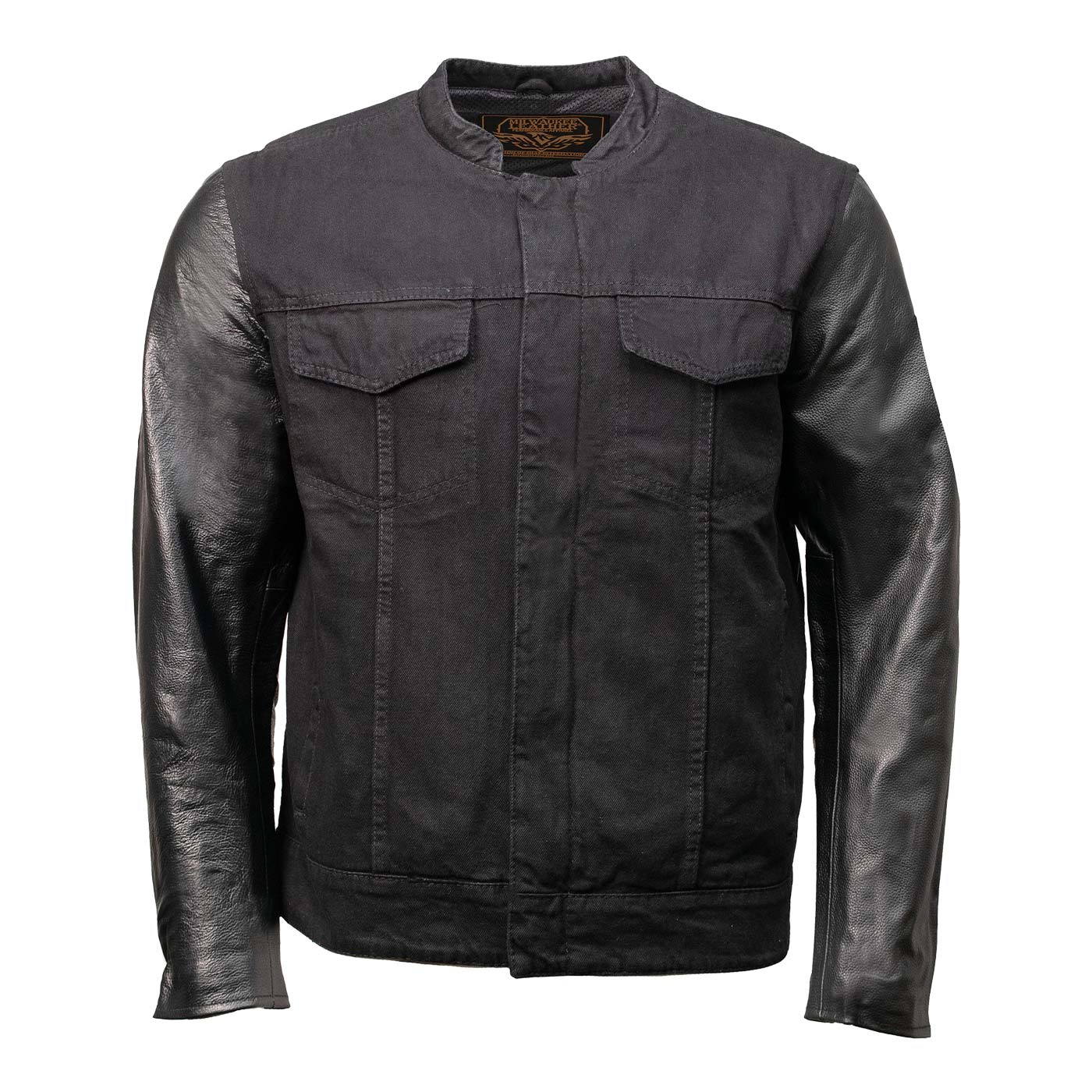 Milwaukee Leather MDM1003 Men's Black Denim Motorcycle Jacket with Leather Sleeves and Patch Back