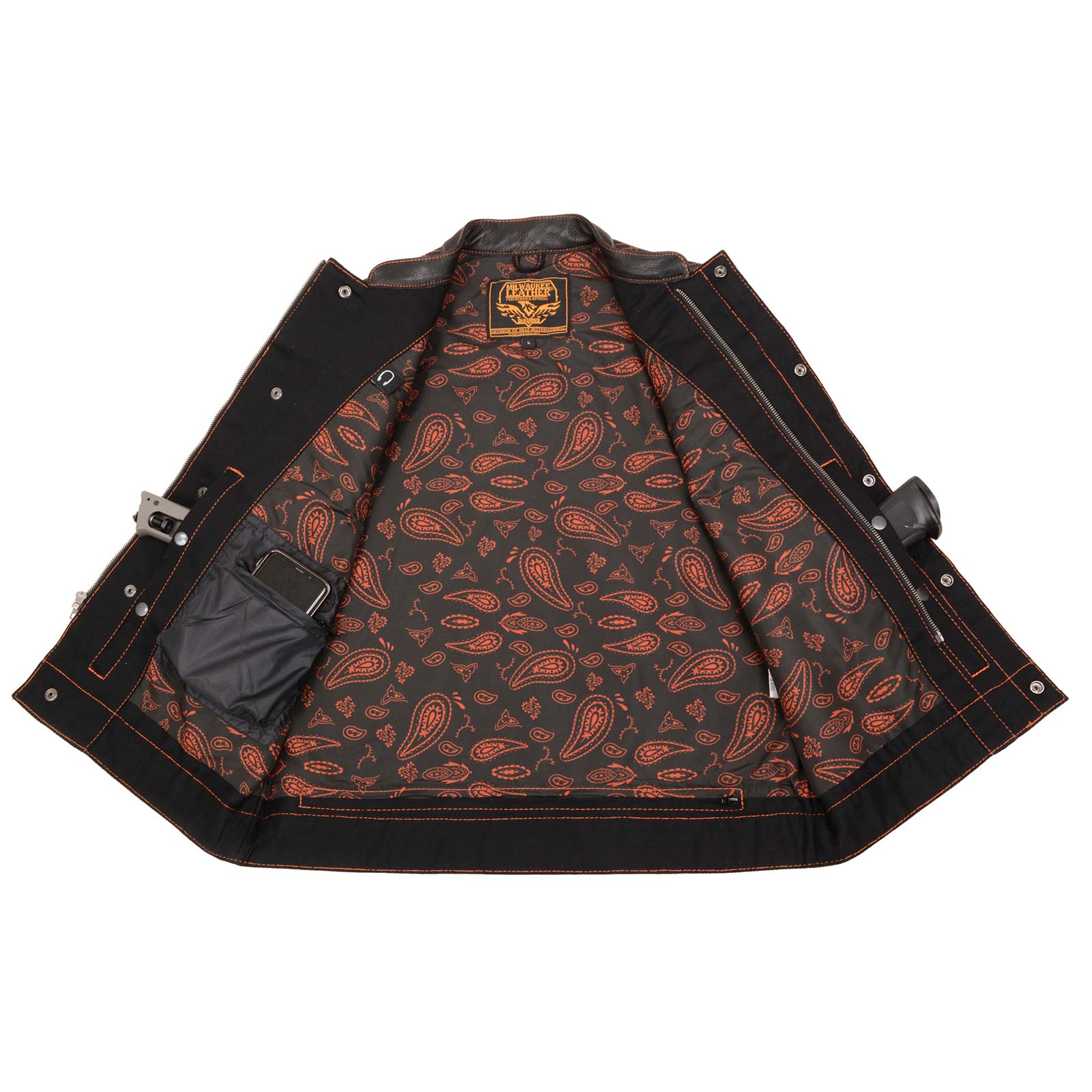 Milwaukee Leather MDM3037 Men's 'Wrecker' Black Denim and Leather Club Style Vest w/ Diamond Quilt Design