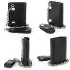 Milwaukee Leather MLW7831 Men's 4" Classic Black Plain Genuine Leather Tri-Fold Biker Wallet w/ Anti-Theft Stainless Steel Chain