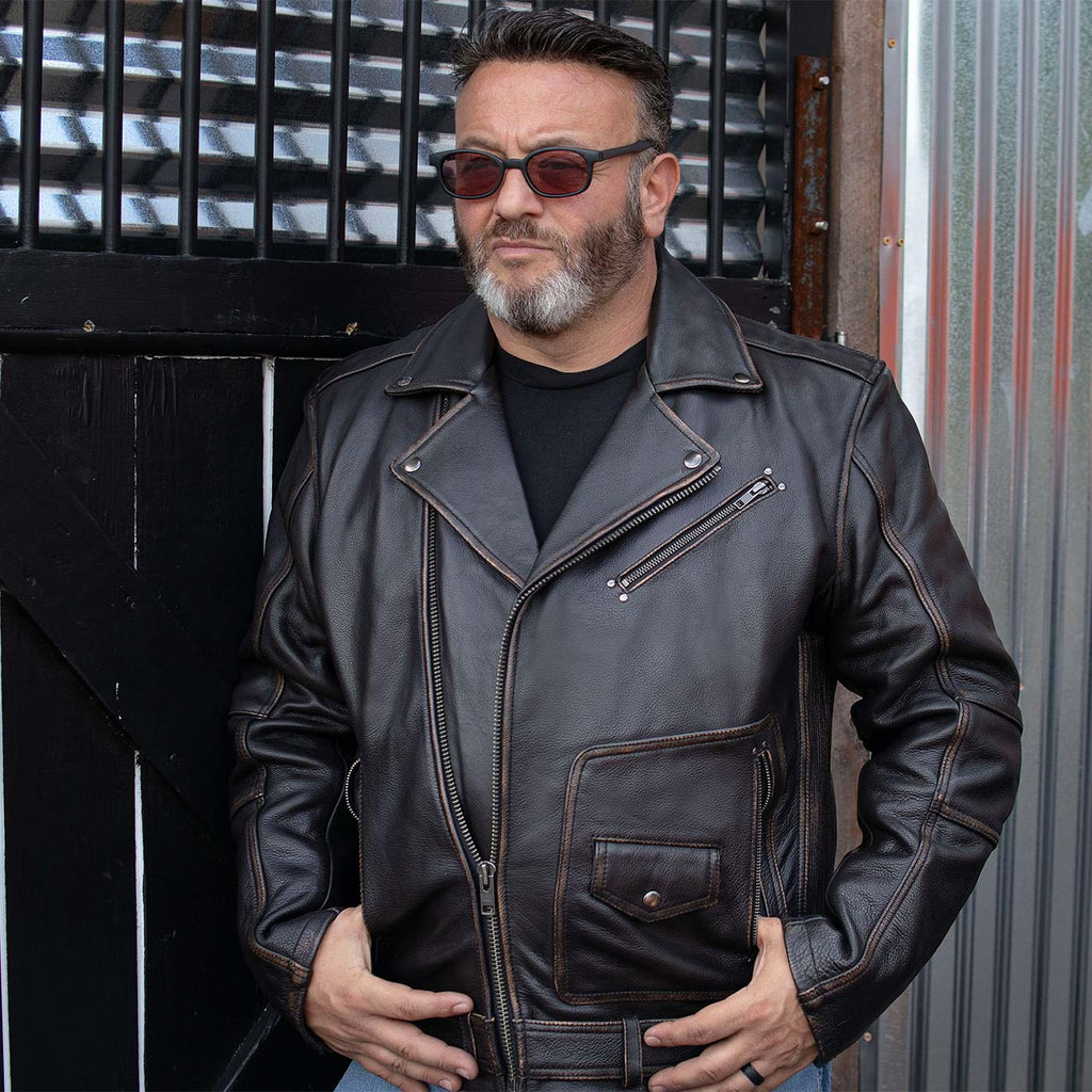 Milwaukee Motorcycle Clothing Co. Men's Unforgiven MC Style Vintage Brown Leather Jacket w/ Lapel Collar MMC10005