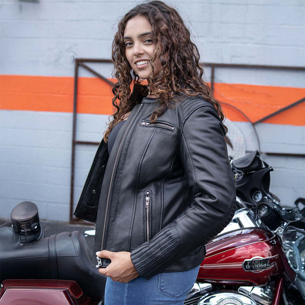 Milwaukee Motorcycle Clothing Co. Women’s Rebel Scooter Style Black Leather Biker Jacket w/ Mandarin Collar MMC20002