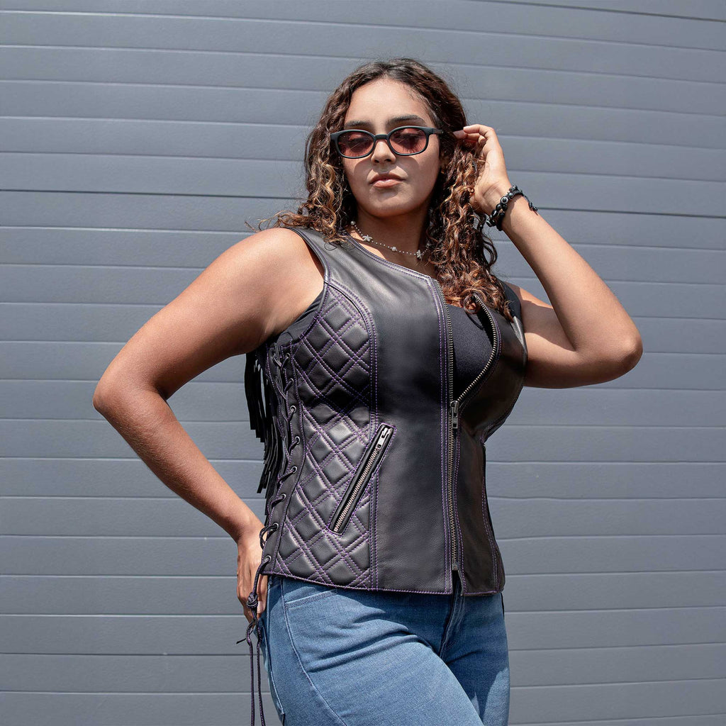 Milwaukee Motorcycle Clothing Co. Women’s Liberty Black and Purple Leather V-Neck Biker Vest w/ Side Lacing MMC40006