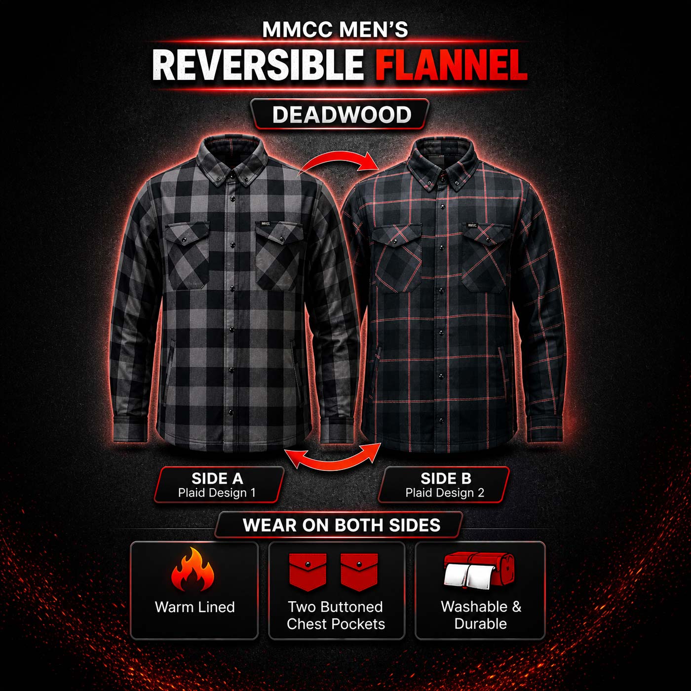 MMCC Men's Deadwood Reversible Flannel Shirt - 100% Cotton Snap Front Plaid w/ Chest and Hand Pockets - MNG11805