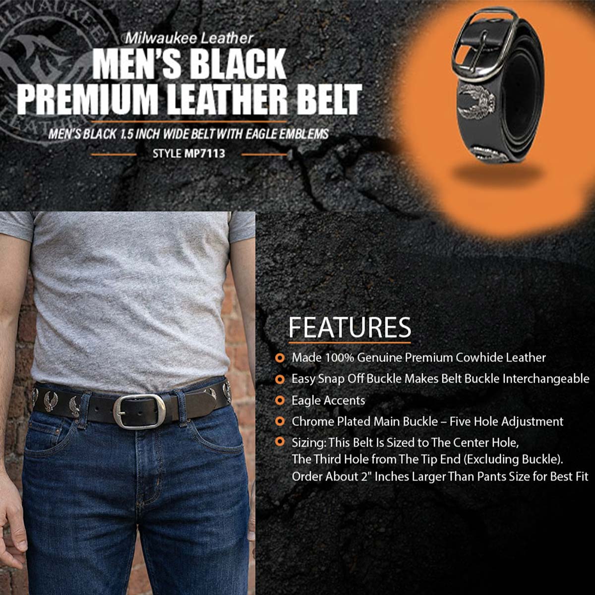Milwaukee Leather Men's Liberty Talon Black Leather Belt with USA Eagle Emblems - 1.5 Inch Biker Belt - MP7113