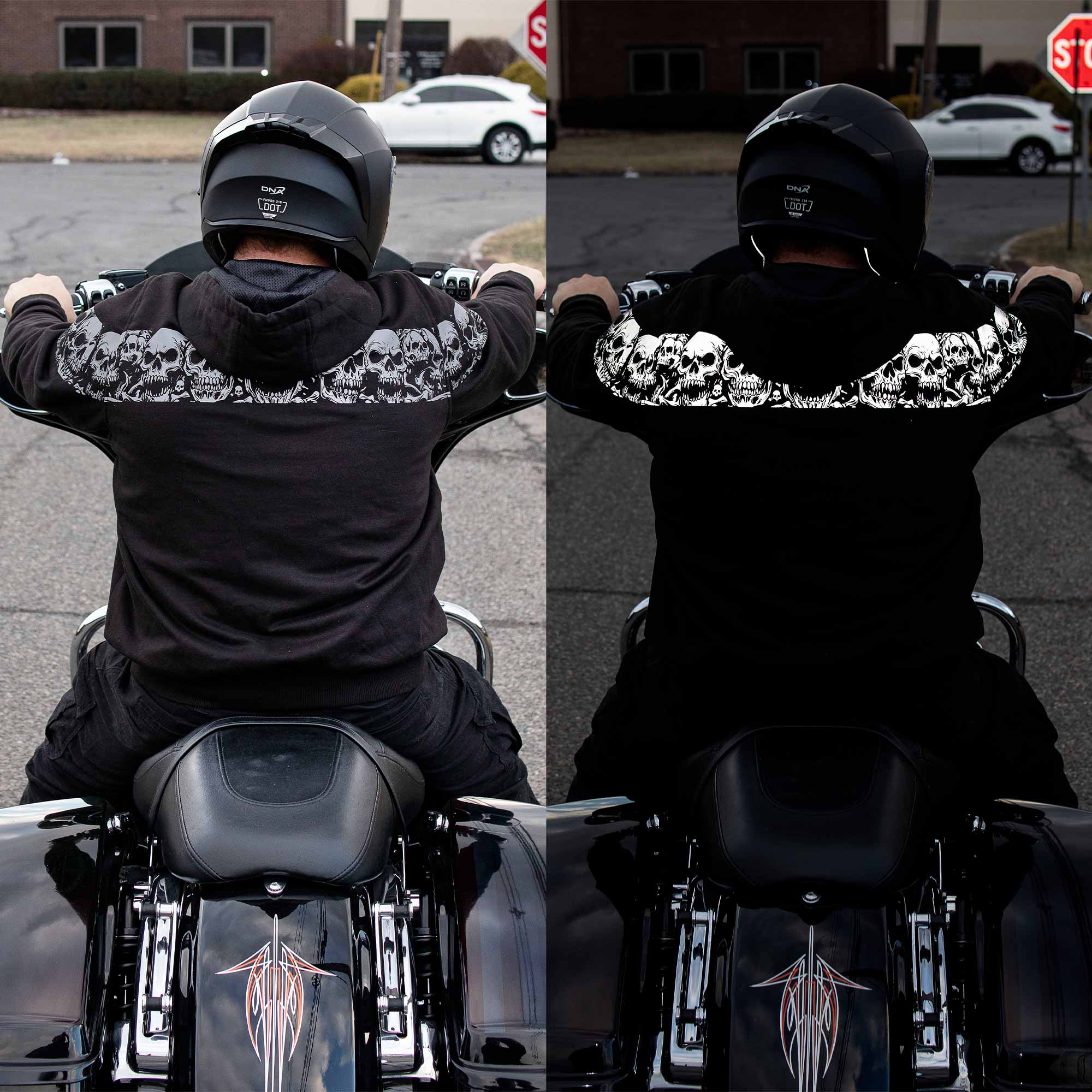 MMCC Men’s Bare Bones Hoodie - Reflective Skull Graphics Front & Back, Full Zip, 100 % Cotton - MPM1681