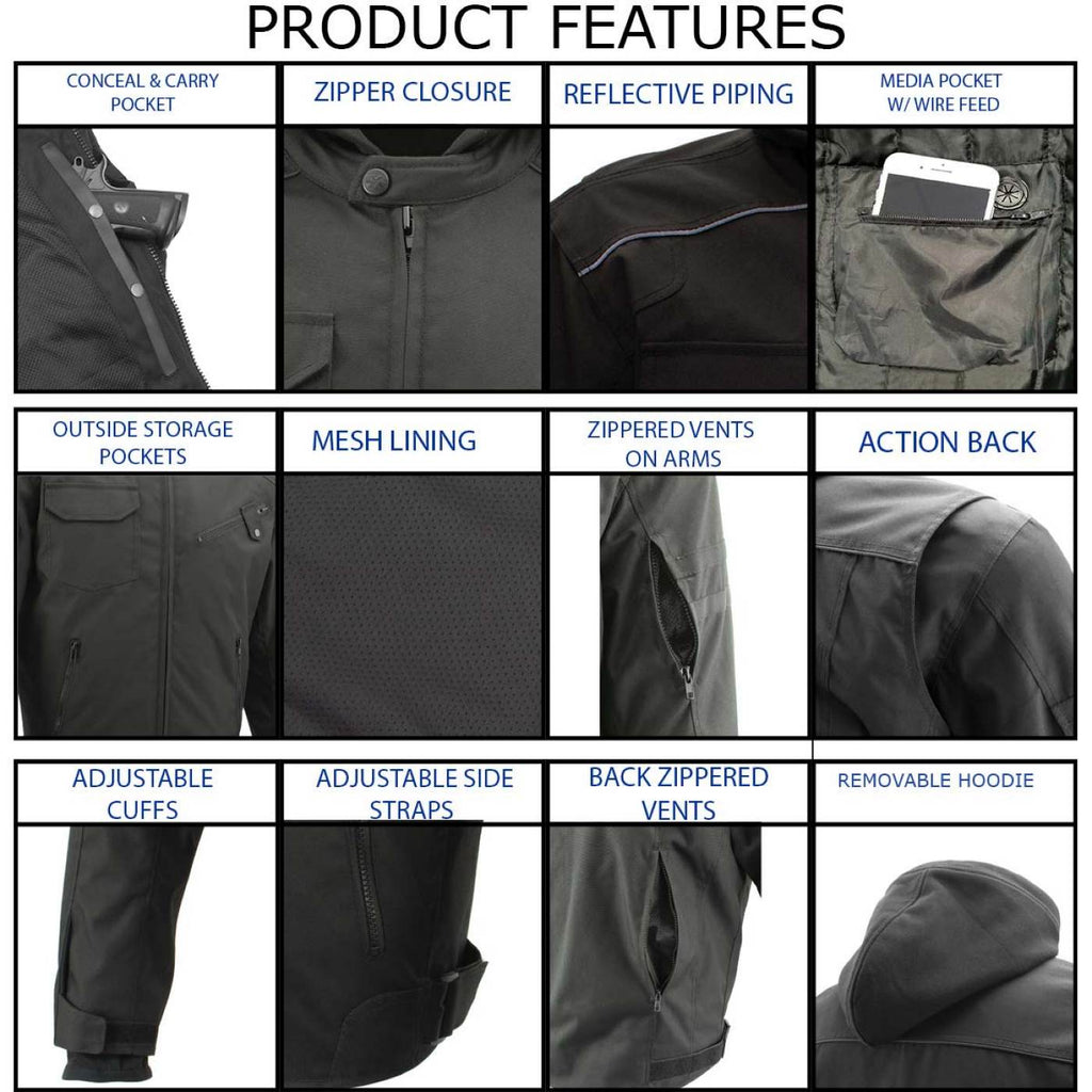 Milwaukee Leather Men's Flight 1300D Nylon Motorcycle Jacket with CE Armor and Removable Hoodie - MPM17017