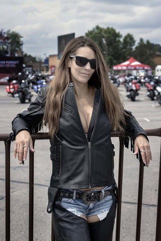 Hot Leathers JKL1028 Studs and Fringe Ladies Black Motorcycle style Carry Conceal Leather Biker Jacket