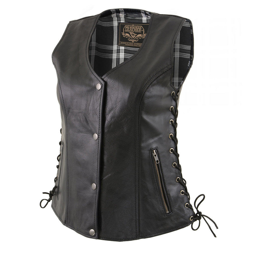 Milwaukee Leather LKL4710 Women's Black Premium Leather Motorcycle Biker Rider Vest w/ Snap Button Closure