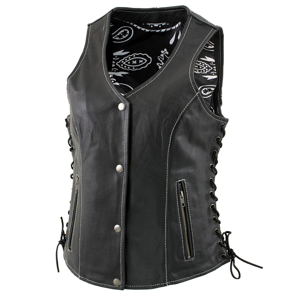 Milwaukee Leather LKL4711 Women's Black Premium Leather Motorcycle Vest with Side Lace Adjustment