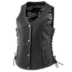Milwaukee Leather LKL4711 Women's Black Premium Leather Motorcycle Vest with Side Lace Adjustment