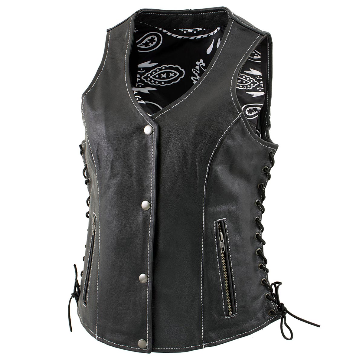 Milwaukee Leather LKL4711 Women's Black Premium Leather Motorcycle Vest with Side Lace Adjustment