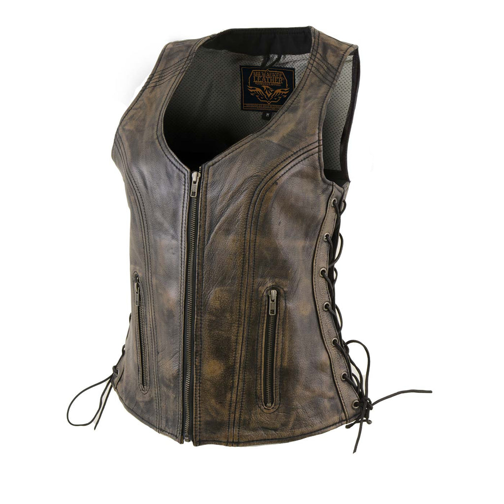 Milwaukee Leather Women's Bella Distressed Brown Leather Motorcycle Vest with Side Laces - LKL4719