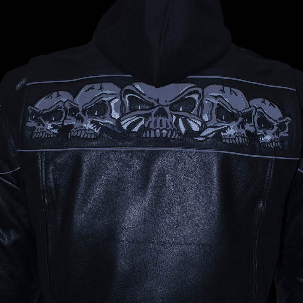 Milwaukee Leather Men's Futile CE Armored Leather Motorcycle Jacket w/ Hoodie Liner, Reflective Skull - LKM17016