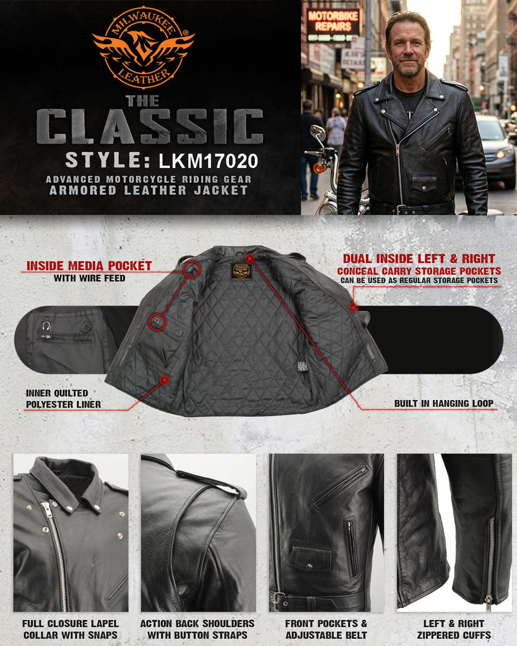 Milwaukee Leather Men's Classic Armored Black Leather Motorcycle Jacket w/ CE Armor - LKM17020