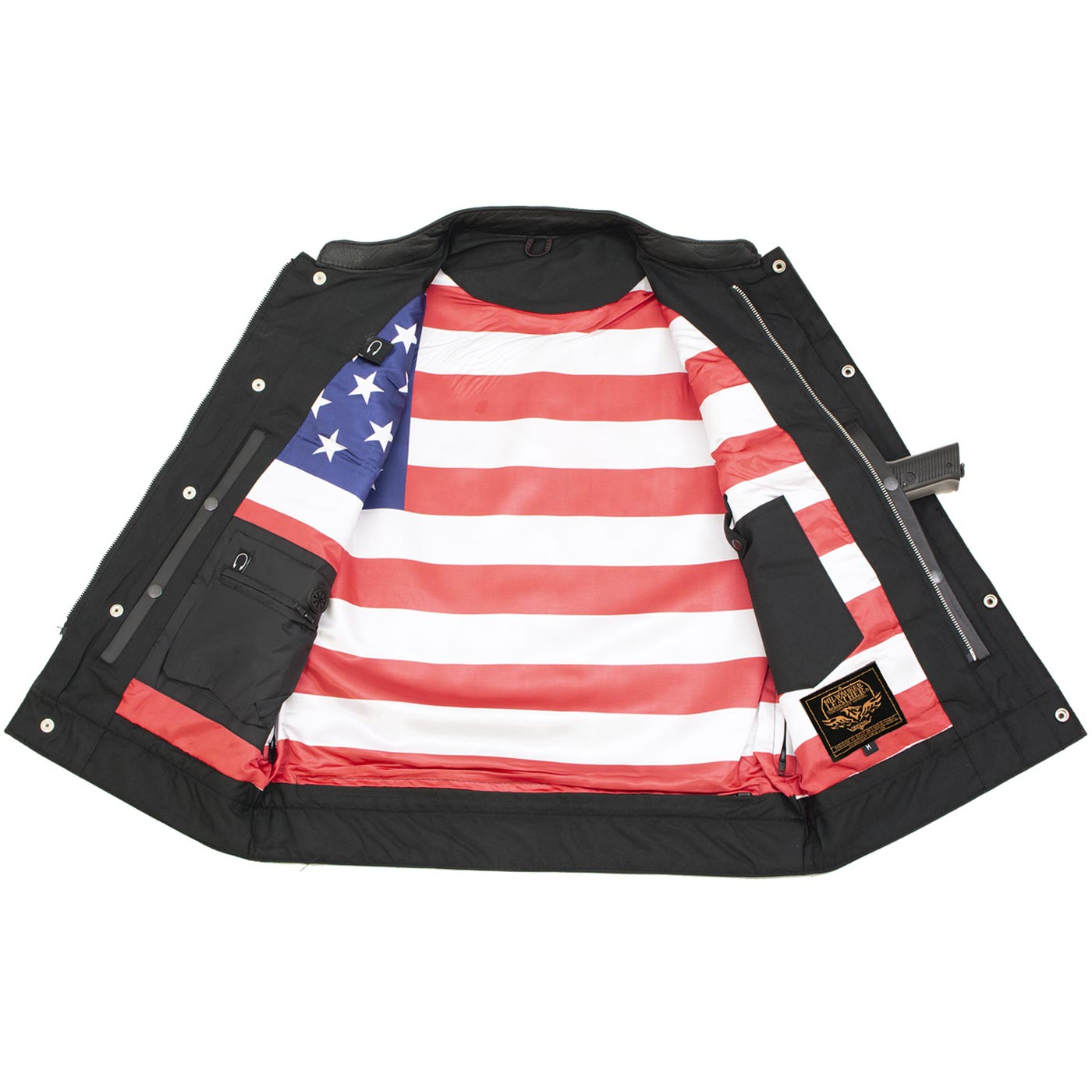Milwaukee Leather LKM3780 Men's Black Premium Leather Motorcycle Rider Vest w/ Red Stitching and USA Inside Flag Lining