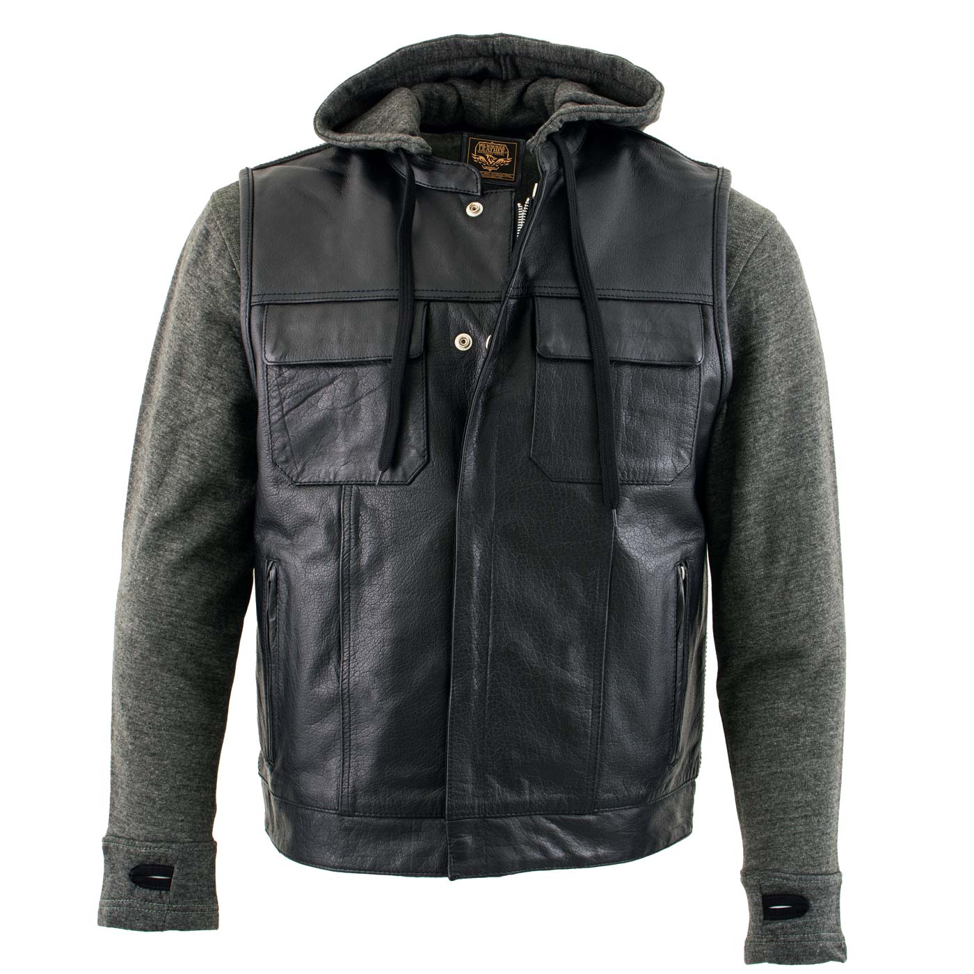 Milwaukee Leather LKM3785 Men's 2 in 1 Classic Black Premium Leather Motorcycle Hoodie Jacket w/ Convertible Vest