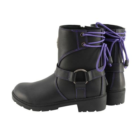 Milwaukee Leather MBL9317 Women's Black Leather Harness Zip-Up Motorcycle Rider Boots w/ Purple Back Laces