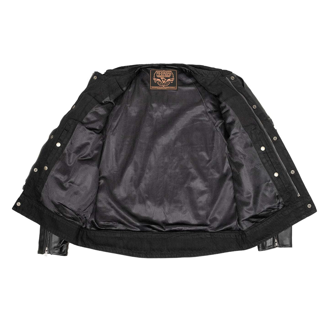 Milwaukee Leather MDM1003 Men's Black Denim Motorcycle Jacket with Leather Sleeves and Patch Back