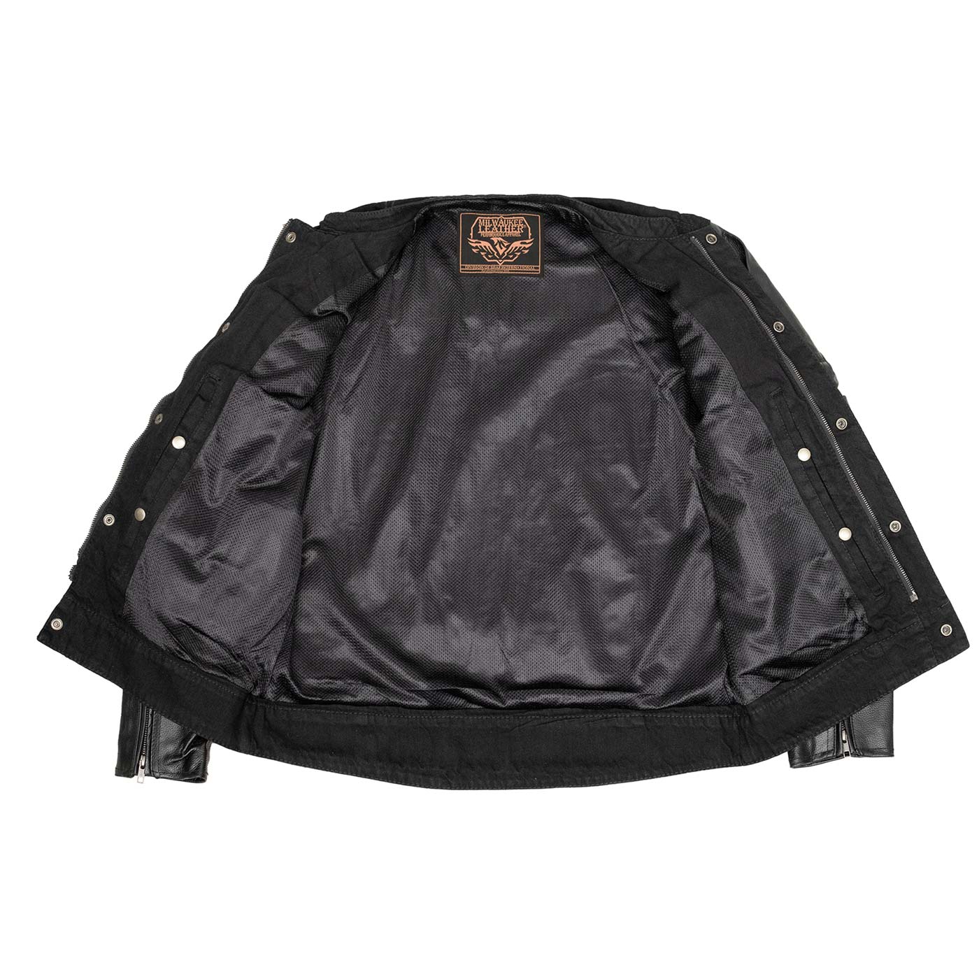 Milwaukee Leather MDM1003 Men's Black Denim Motorcycle Jacket with Leather Sleeves and Patch Back