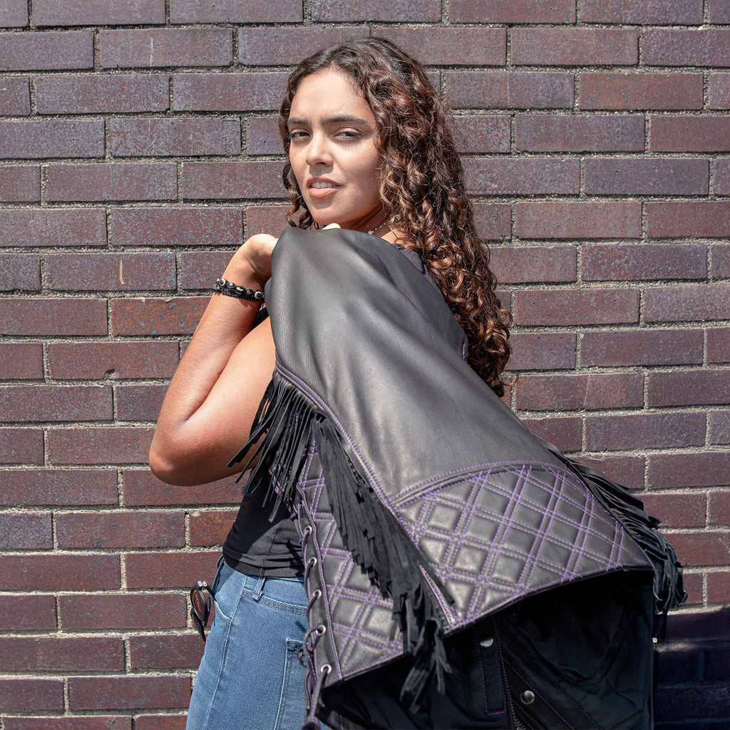 Milwaukee Motorcycle Clothing Co. Women’s Liberty Black and Purple Leather V-Neck Biker Vest w/ Side Lacing MMC40006