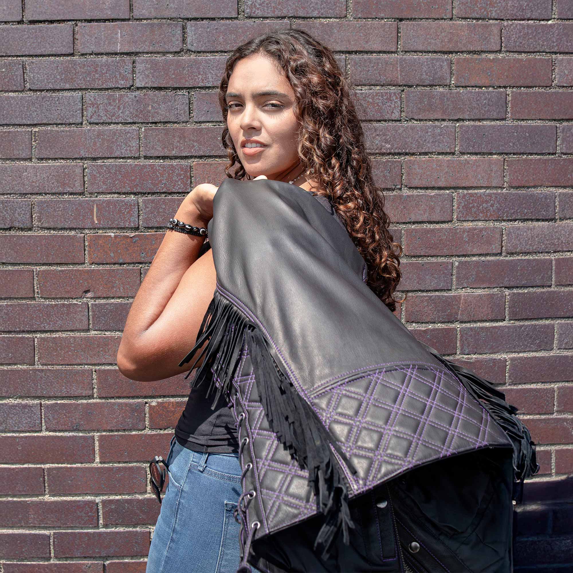Milwaukee Motorcycle Clothing Co. Women’s Liberty Black and Purple Leather V-Neck Biker Vest w/ Side Lacing MMC40006