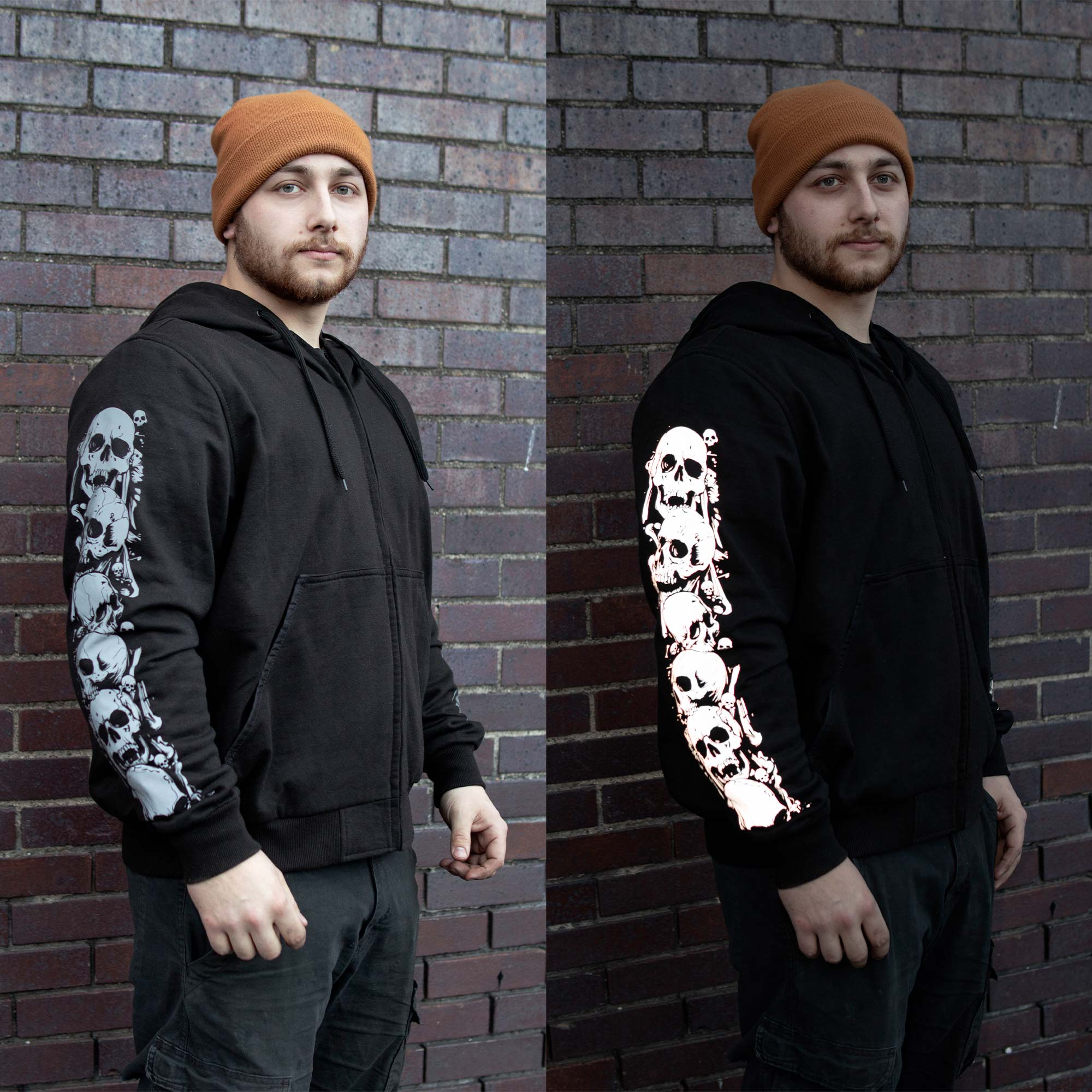 MMCC Men’s Bare Bones Hoodie - Reflective Skull Graphics Front & Back, Full Zip, 100 % Cotton - MPM1680