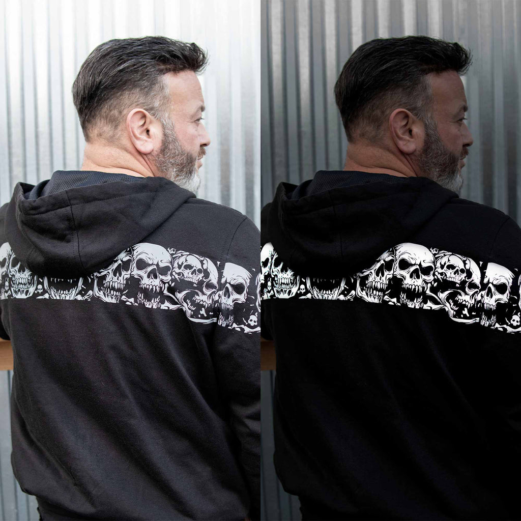 MMCC Men’s Bare Bones Hoodie - Reflective Skull Graphics Front & Back, Full Zip, 100 % Cotton - MPM1681