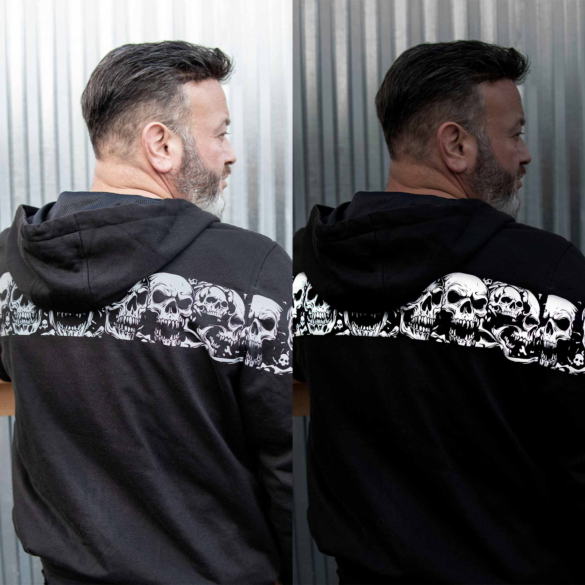 MMCC Men’s Bare Bones Hoodie - Reflective Skull Graphics Front & Back, Full Zip, 100 % Cotton - MPM1681