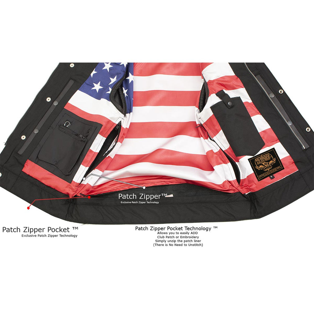 Milwaukee Leather LKM3780 Men's Black Premium Leather Motorcycle Rider Vest w/ Red Stitching and USA Inside Flag Lining