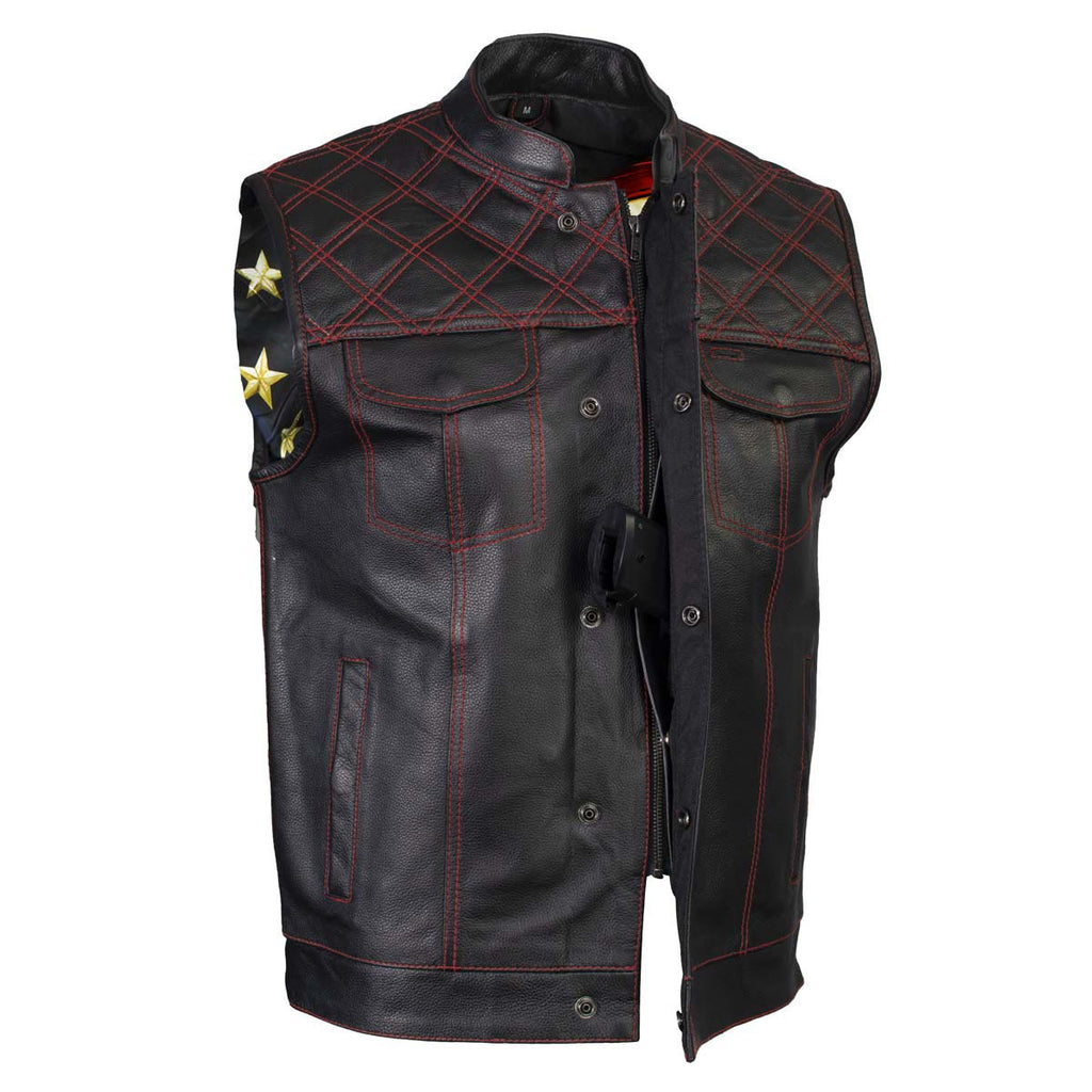 Milwaukee Leather LKM3782 Men's Classic Black Premium Leather Motorcycle Vest with USA Flag Liner