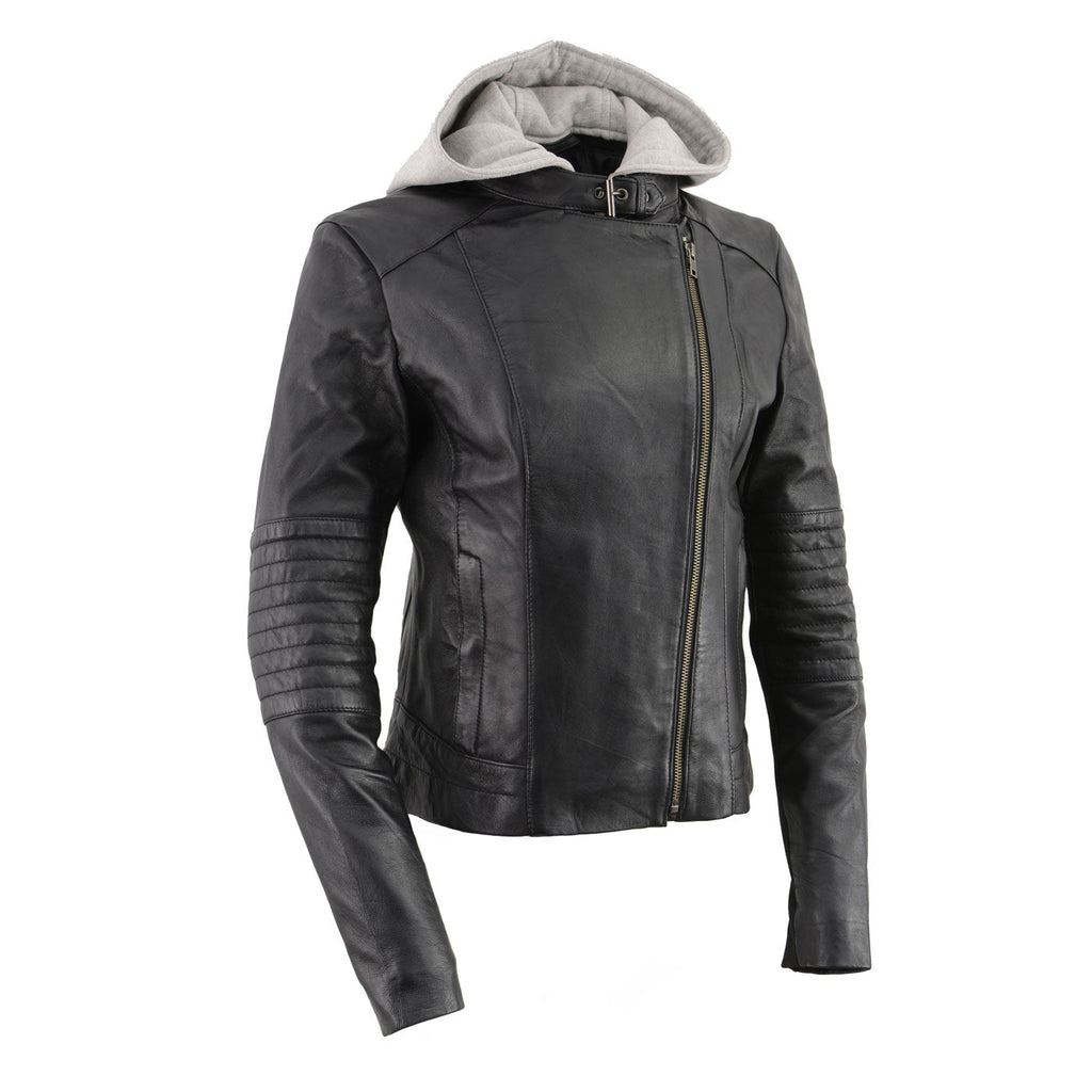 Milwaukee Leather LKL2737 Women's Black Premium Leather Motorcycle Biker Racer Style Scuba Jacket w/ Hoodie