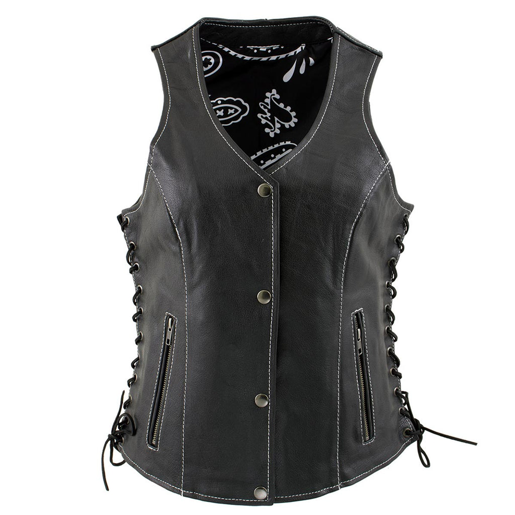 Milwaukee Leather LKL4711 Women's Black Premium Leather Motorcycle Vest with Side Lace Adjustment