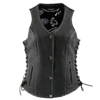Milwaukee Leather LKL4711 Women's Black Premium Leather Motorcycle Vest with Side Lace Adjustment