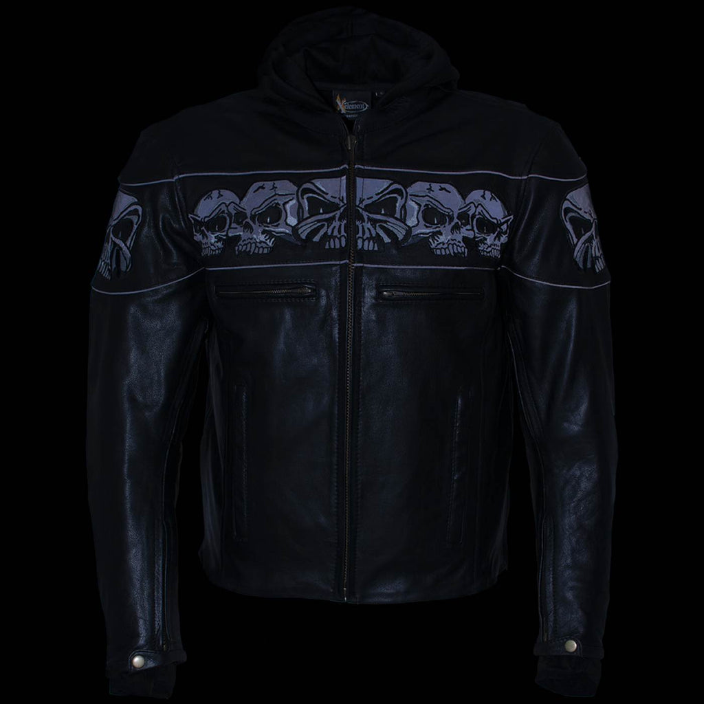 Milwaukee Leather Men's Futile CE Armored Leather Motorcycle Jacket w/ Hoodie Liner, Reflective Skull - LKM17016